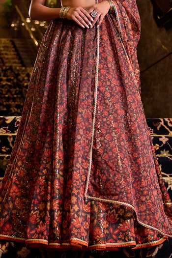 Cedar & Pine_Olive Green Organza, Dupion Sweetheart Neck Nikhar Printed Lehenga Set _Online_at_Aza_Fashions