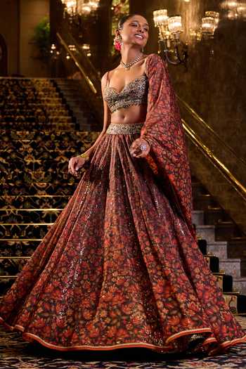 Buy_Cedar & Pine_Olive Green Organza, Dupion Sweetheart Neck Nikhar Printed Lehenga Set _Online_at_Aza_Fashions