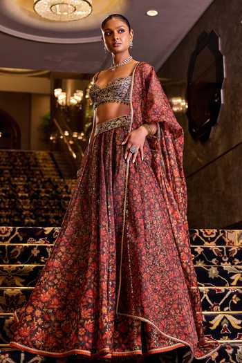 Shop_Cedar & Pine_Olive Green Organza, Dupion Sweetheart Neck Nikhar Printed Lehenga Set _Online_at_Aza_Fashions