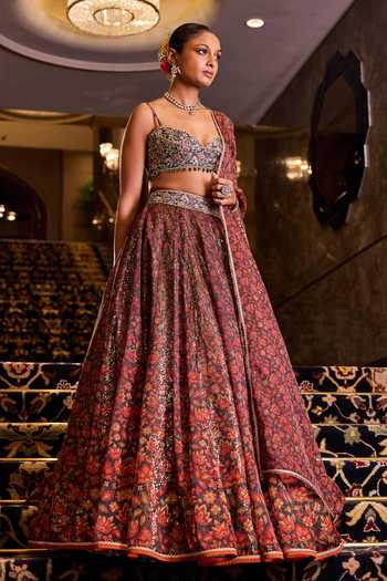Cedar & Pine_Olive Green Organza, Dupion Sweetheart Neck Nikhar Printed Lehenga Set _at_Aza_Fashions