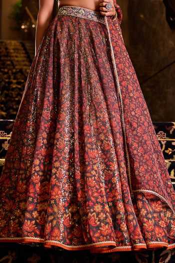 Buy_Cedar & Pine_Olive Green Organza, Dupion Sweetheart Neck Nikhar Printed Lehenga Set 