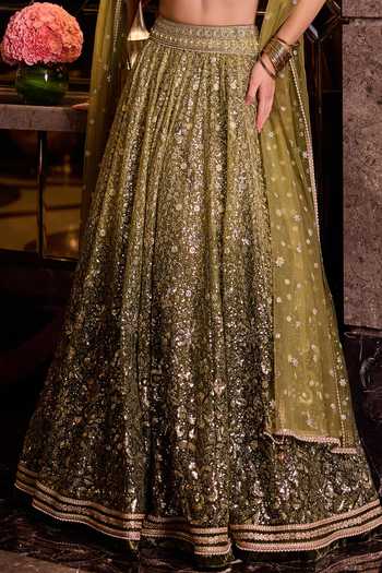 Cedar & Pine_Green Silk, Organza, Tulle Halter Neck Kaleera Sequin Embroidered Lehenga Set _Online_at_Aza_Fashions