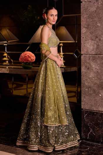 Shop_Cedar & Pine_Green Silk, Organza, Tulle Halter Neck Kaleera Sequin Embroidered Lehenga Set _Online_at_Aza_Fashions