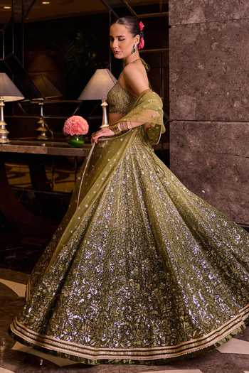 Cedar & Pine_Green Silk, Organza, Tulle Halter Neck Kaleera Sequin Embroidered Lehenga Set _at_Aza_Fashions