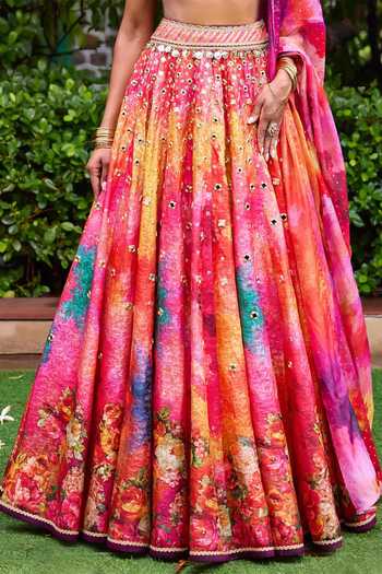 Cedar & Pine_Multi Color Organza, Brocade Sweetheart Neck Sangeet Floral Print Lehenga Set _Online_at_Aza_Fashions