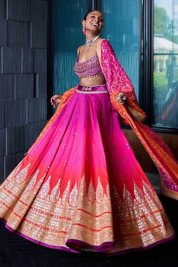 Cedar & Pine_Pink Georgette, Velvet, Dupion Scoop Neck Ghazal Mirror Embroidered Lehenga Set _Online_at_Aza_Fashions
