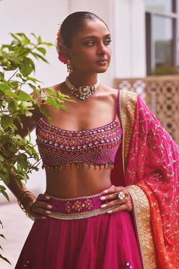 Buy_Cedar & Pine_Pink Georgette, Velvet, Dupion Scoop Neck Ghazal Mirror Embroidered Lehenga Set _Online_at_Aza_Fashions