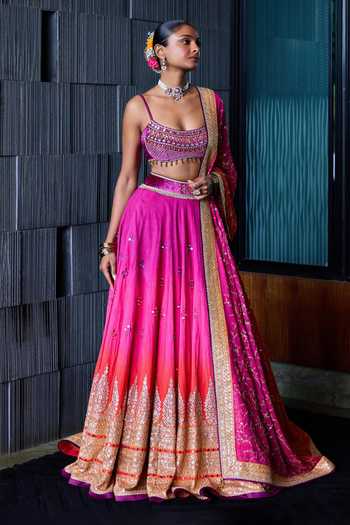 Shop_Cedar & Pine_Pink Georgette, Velvet, Dupion Scoop Neck Ghazal Mirror Embroidered Lehenga Set _Online_at_Aza_Fashions