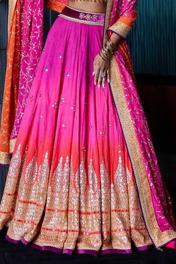 Cedar & Pine_Pink Georgette, Velvet, Dupion Scoop Neck Ghazal Mirror Embroidered Lehenga Set _at_Aza_Fashions