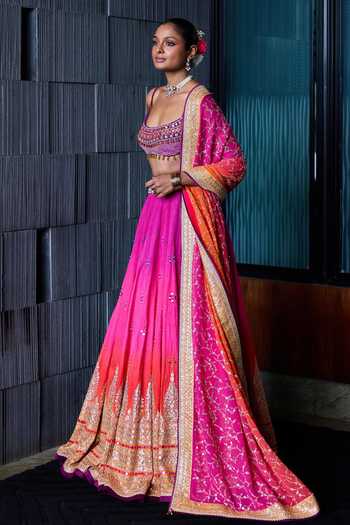 Buy_Cedar & Pine_Pink Georgette, Velvet, Dupion Scoop Neck Ghazal Mirror Embroidered Lehenga Set 