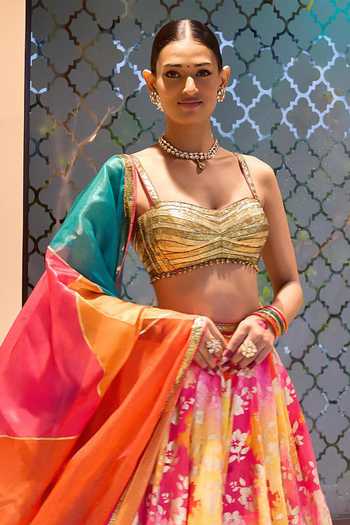 Cedar & Pine Multi Color Organza, Satin, Linen Gota Patti Sweetheart Phool Print Lehenga Set Online at Aza Fashions Cedar & Pine_Multi Color Organza, Satin, Linen Gota Patti Sweetheart Phool Print Lehenga Set _Online_at_Aza_Fashions