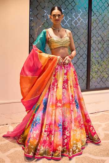 Shop Cedar & Pine Multi Color Organza, Satin, Linen Gota Patti Sweetheart Phool Print Lehenga Set Online at Aza Fashions Shop_Cedar & Pine_Multi Color Organza, Satin, Linen Gota Patti Sweetheart Phool Print Lehenga Set _Online_at_Aza_Fashions