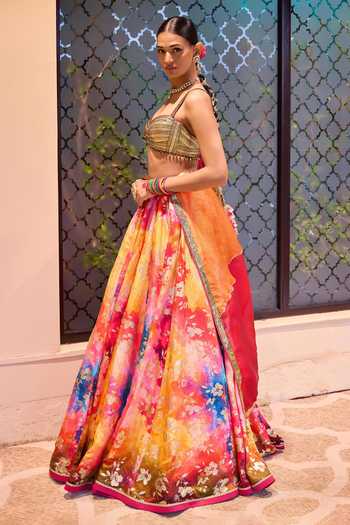 Cedar & Pine Multi Color Organza, Satin, Linen Gota Patti Sweetheart Phool Print Lehenga Set at Aza Fashions Cedar & Pine_Multi Color Organza, Satin, Linen Gota Patti Sweetheart Phool Print Lehenga Set _at_Aza_Fashions