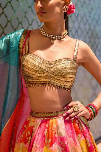 Buy Cedar & Pine Multi Color Organza, Satin, Linen Gota Patti Sweetheart Phool Print Lehenga Set Buy_Cedar & Pine_Multi Color Organza, Satin, Linen Gota Patti Sweetheart Phool Print Lehenga Set