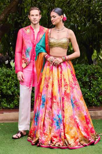 Shop Cedar & Pine Multi Color Organza, Satin, Linen Gota Patti Sweetheart Phool Print Lehenga Set Shop_Cedar & Pine_Multi Color Organza, Satin, Linen Gota Patti Sweetheart Phool Print Lehenga Set