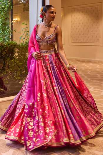 Cedar & Pine_Pink Silk, Organza, Dupion Sweetheart Neck Shagan Floral Jaal Print Lehenga Set _Online_at_Aza_Fashions