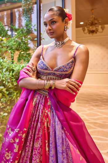 Buy_Cedar & Pine_Pink Silk, Organza, Dupion Sweetheart Neck Shagan Floral Jaal Print Lehenga Set _Online_at_Aza_Fashions