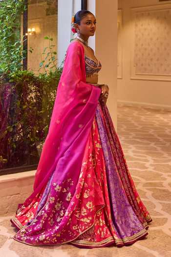 Shop_Cedar & Pine_Pink Silk, Organza, Dupion Sweetheart Neck Shagan Floral Jaal Print Lehenga Set _Online_at_Aza_Fashions