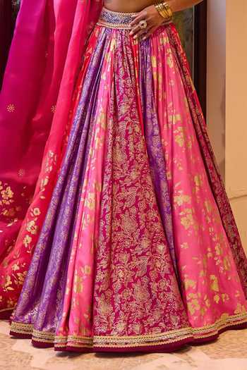 Cedar & Pine_Pink Silk, Organza, Dupion Sweetheart Neck Shagan Floral Jaal Print Lehenga Set _at_Aza_Fashions