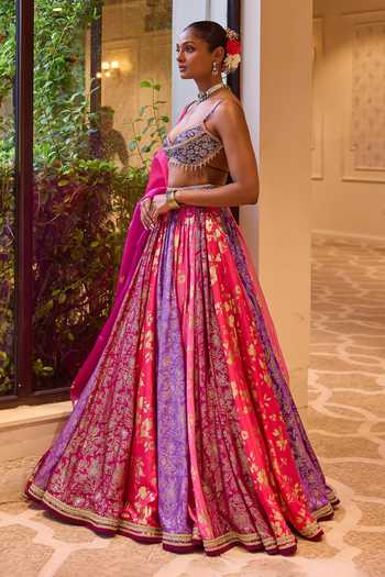 Buy_Cedar & Pine_Pink Silk, Organza, Dupion Sweetheart Neck Shagan Floral Jaal Print Lehenga Set 
