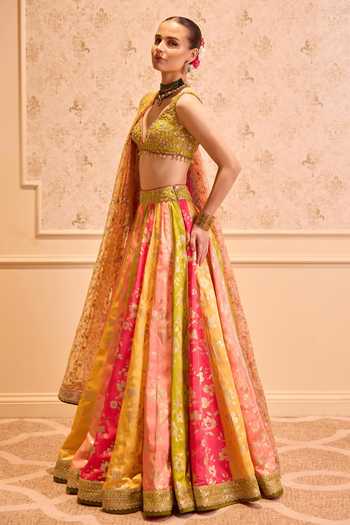 Cedar & Pine_Multi Color Satin, Linen V-neck Sanam Printed Lehenga Set _Online_at_Aza_Fashions