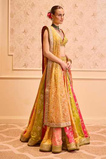 Buy_Cedar & Pine_Multi Color Satin, Linen V-neck Sanam Printed Lehenga Set _Online_at_Aza_Fashions