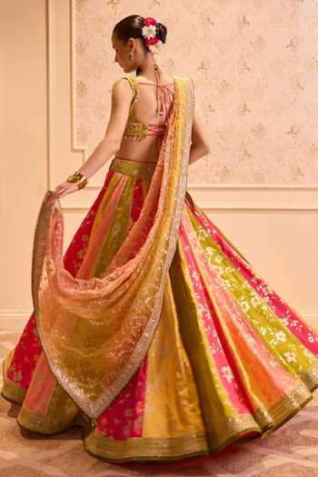 Shop_Cedar & Pine_Multi Color Satin, Linen V-neck Sanam Printed Lehenga Set _Online_at_Aza_Fashions