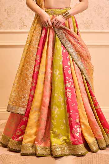 Cedar & Pine_Multi Color Satin, Linen V-neck Sanam Printed Lehenga Set _at_Aza_Fashions