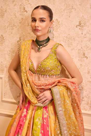 Buy_Cedar & Pine_Multi Color Satin, Linen V-neck Sanam Printed Lehenga Set 