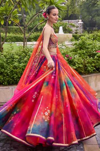Cedar & Pine Multi Color Organza, Tulle, Brocade Sweetheart Bestie Embroidered Lehenga Set at Aza Fashions Cedar & Pine_Multi Color Organza, Tulle, Brocade Sweetheart Bestie Embroidered Lehenga Set _at_Aza_Fashions