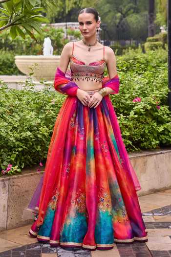 Buy Cedar & Pine Multi Color Organza, Tulle, Brocade Sweetheart Bestie Embroidered Lehenga Set at Aza Fashions Buy_Cedar & Pine_Multi Color Organza, Tulle, Brocade Sweetheart Bestie Embroidered Lehenga Set _at_Aza_Fashions