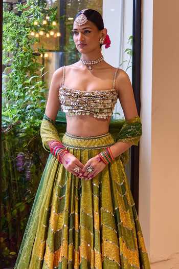 Cedar & Pine_Multi Color Brocade, Tulle Square Neck Jugni Printed Lehenga Set _Online_at_Aza_Fashions