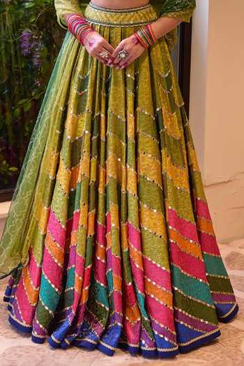 Buy_Cedar & Pine_Multi Color Brocade, Tulle Square Neck Jugni Printed Lehenga Set _Online_at_Aza_Fashions