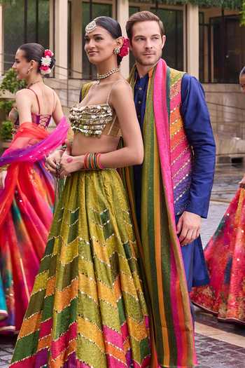 Shop_Cedar & Pine_Multi Color Brocade, Tulle Square Neck Jugni Printed Lehenga Set _Online_at_Aza_Fashions