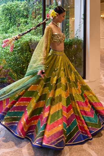 Cedar & Pine_Multi Color Brocade, Tulle Square Neck Jugni Printed Lehenga Set _at_Aza_Fashions