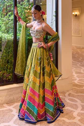 Buy_Cedar & Pine_Multi Color Brocade, Tulle Square Neck Jugni Printed Lehenga Set 