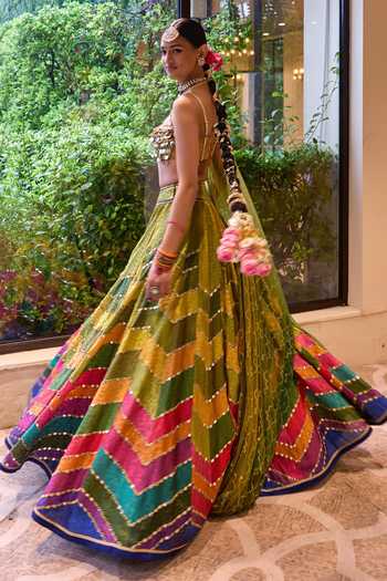 Shop_Cedar & Pine_Multi Color Brocade, Tulle Square Neck Jugni Printed Lehenga Set 