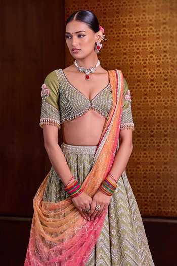 Cedar & Pine_Green Silk, Organza, Tulle V-neck Mehendi Embroidered Lehenga Set _Online_at_Aza_Fashions