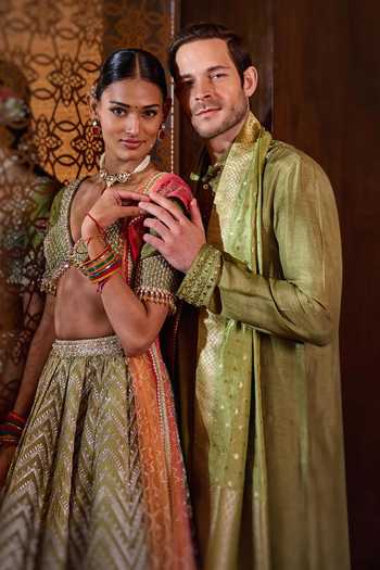 Buy_Cedar & Pine_Green Silk, Organza, Tulle V-neck Mehendi Embroidered Lehenga Set _Online_at_Aza_Fashions