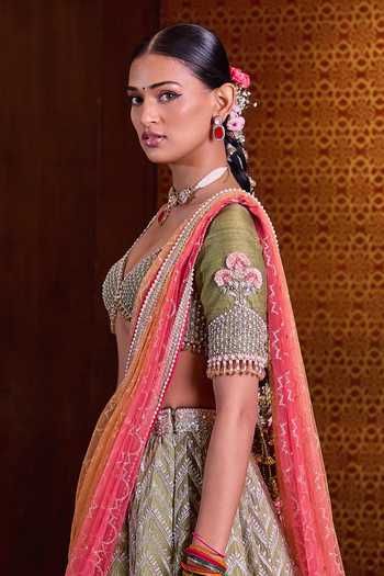 Shop_Cedar & Pine_Green Silk, Organza, Tulle V-neck Mehendi Embroidered Lehenga Set _Online_at_Aza_Fashions