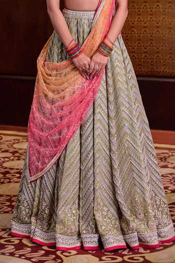 Cedar & Pine_Green Silk, Organza, Tulle V-neck Mehendi Embroidered Lehenga Set _at_Aza_Fashions
