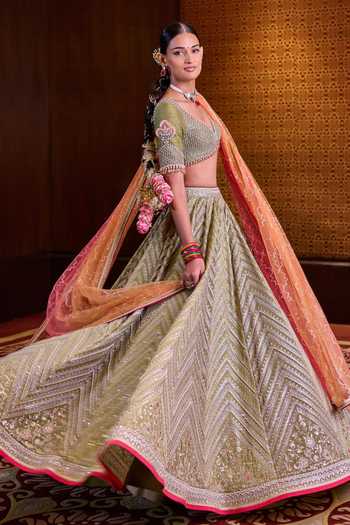 Shop_Cedar & Pine_Green Silk, Organza, Tulle V-neck Mehendi Embroidered Lehenga Set 
