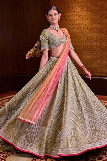 Shop_Cedar & Pine_Green Silk, Organza, Tulle V-neck Mehendi Embroidered Lehenga Set 