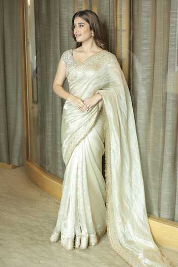 Shop_Gopi Vaid_Gold Tissue Sweetheart Neck Rasha Border Embroidered Saree With Blouse _Online_at_Aza_Fashions