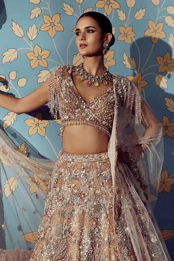 Roqa Beige Net V-neck Florence Embroidered Bridal Lehenga Set Online at Aza Fashions Roqa_Beige Net V-neck Florence Embroidered Bridal Lehenga Set _Online_at_Aza_Fashions