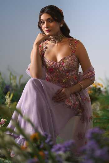 Shop Shashank Arya Purple Georgette, Net Sweetheart Neck, Yes Embroidered Kurta Sharara Set Online at Aza Fashions Shop_Shashank Arya_Purple Georgette, Net Sweetheart Neck, Yes Embroidered Kurta Sharara Set _Online_at_Aza_Fashions