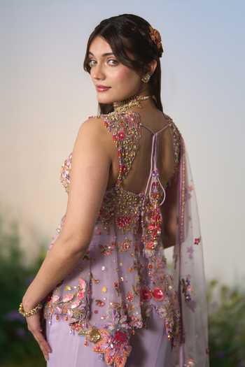 Shashank Arya Purple Georgette, Net Sweetheart Neck, Yes Embroidered Kurta Sharara Set at Aza Fashions Shashank Arya_Purple Georgette, Net Sweetheart Neck, Yes Embroidered Kurta Sharara Set _at_Aza_Fashions