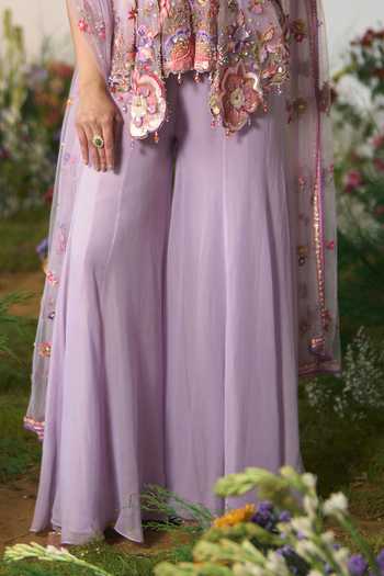 Buy Shashank Arya Purple Georgette, Net Sweetheart Neck, Yes Embroidered Kurta Sharara Set Buy_Shashank Arya_Purple Georgette, Net Sweetheart Neck, Yes Embroidered Kurta Sharara Set