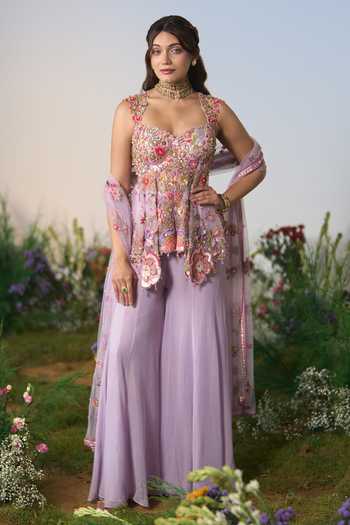 Shop Shashank Arya Purple Georgette, Net Sweetheart Neck, Yes Embroidered Kurta Sharara Set Shop_Shashank Arya_Purple Georgette, Net Sweetheart Neck, Yes Embroidered Kurta Sharara Set