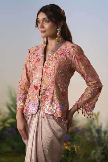 Shashank Arya Pink Georgette, Dupion V-neck Embroidered Jacket And Dhoti Skirt Set Online at Aza Fashions Shashank Arya_Pink Georgette, Dupion V-neck Embroidered Jacket And Dhoti Skirt Set _Online_at_Aza_Fashions